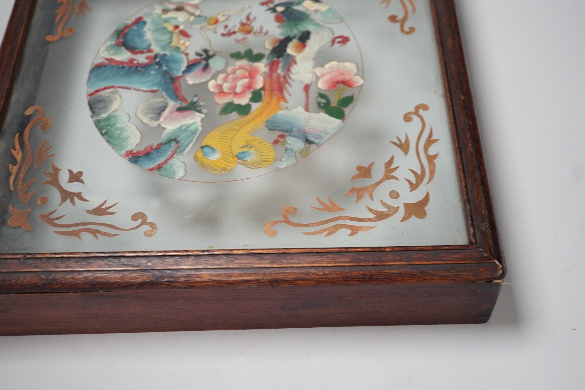 A Chinese reverse glass painting and a box cover with reverse painted glass panel